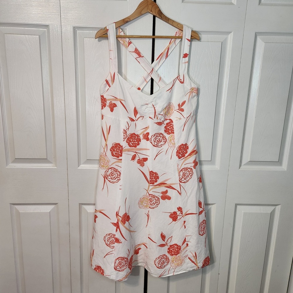 Ann Taylor Linen Blend Floral Sundress White Red Orange‎ Cross Back Size 14